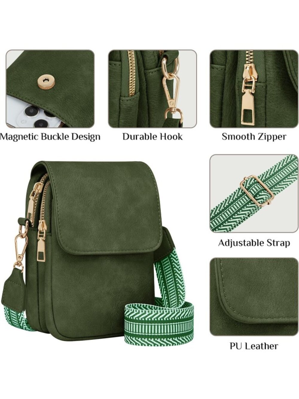Women's Green Crossbody Fashion Cell Phone Purse with Card Holder Travel Bag - Picture 7 of 7